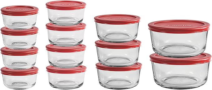Anchor Hocking 26 Piece Glass Storage Containers with Lids (13 Glass Food Storage Containers & 13 Red SnugFit Lids)